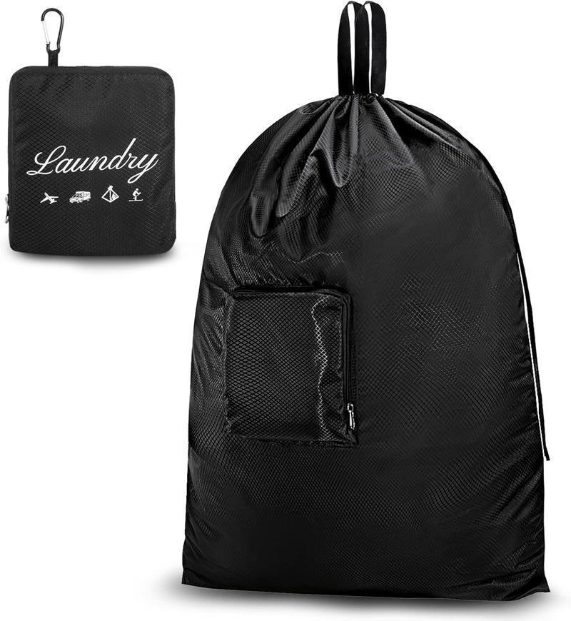 JHX Travel Laundry Bag XL, Extra large Dirty Clothes Organizer【Upgraded】with Handles and Aluminum Carabiner for Travel, Camp, Fitness, and Students (Thickened - Black) 32"H x 23"W - Image 1